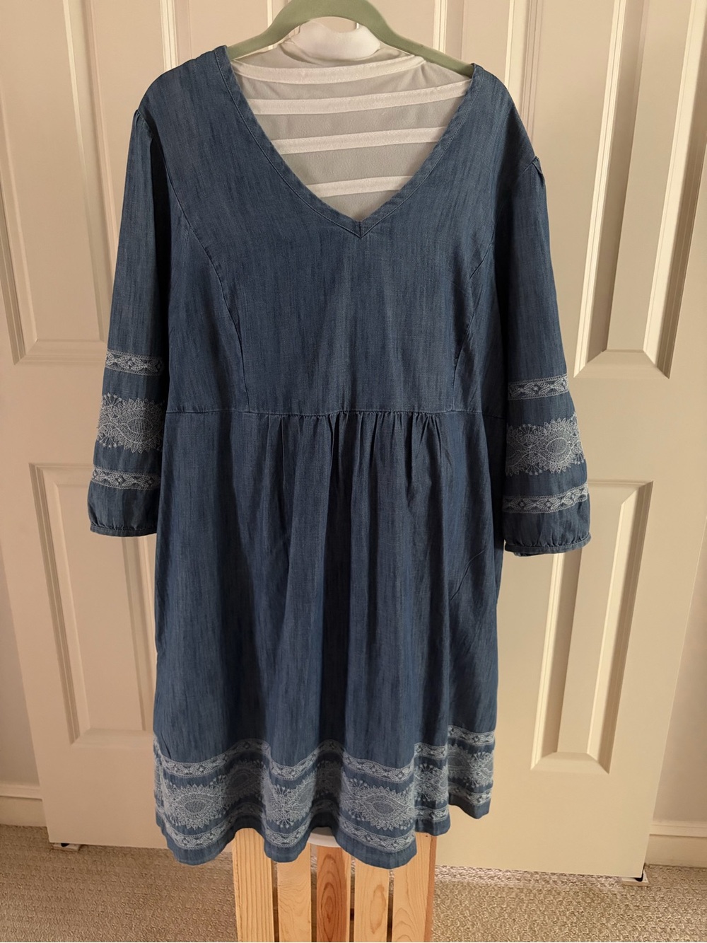 J. Jill Blue Denim-Look V-Neck Midi Dress with Lace Trim